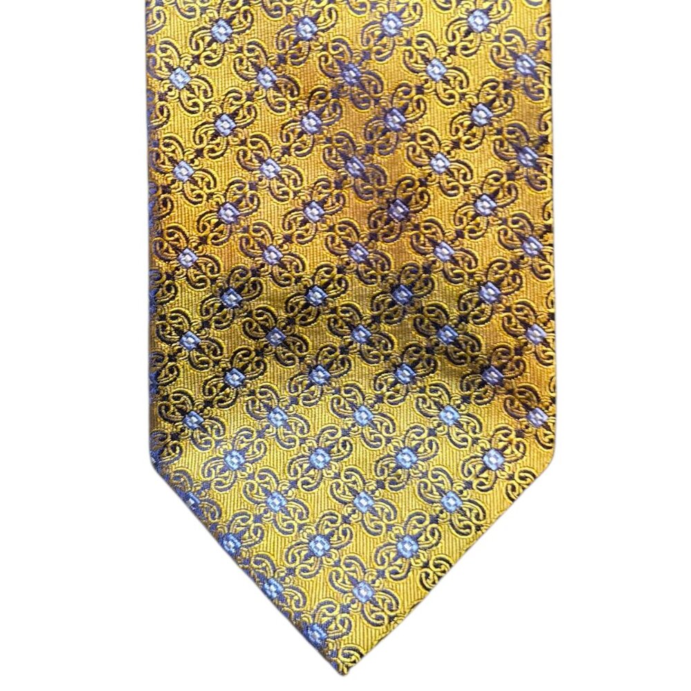 Jos A Bank 100% Silk Tie Gold Blue Medallion Geometric Classic Business Necktie